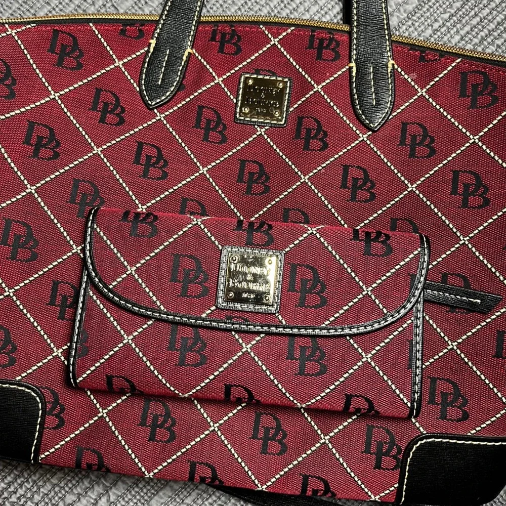Dooney & Bourke Signature Monogram Satchel & Wallet Set Burgundy Black Crossbody